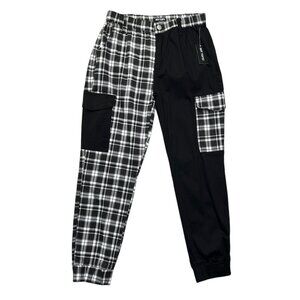 Hot Topic Women's Black & Grey Plaid Split Cargo Jogger Pants